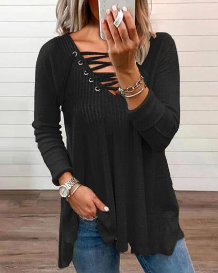 Eyelet Lace-up Long  Sleeve Casual Top