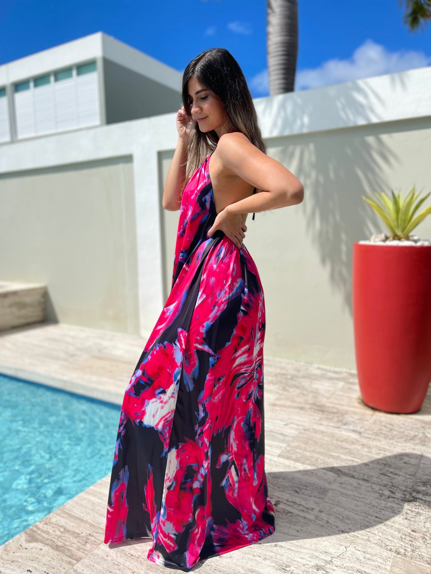 Halter Colorful Print  Open Back Maxi Dress