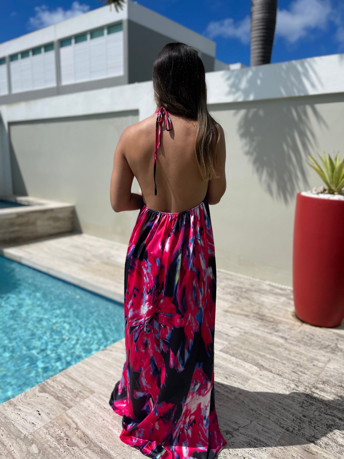 Halter Colorful Print  Open Back Maxi Dress