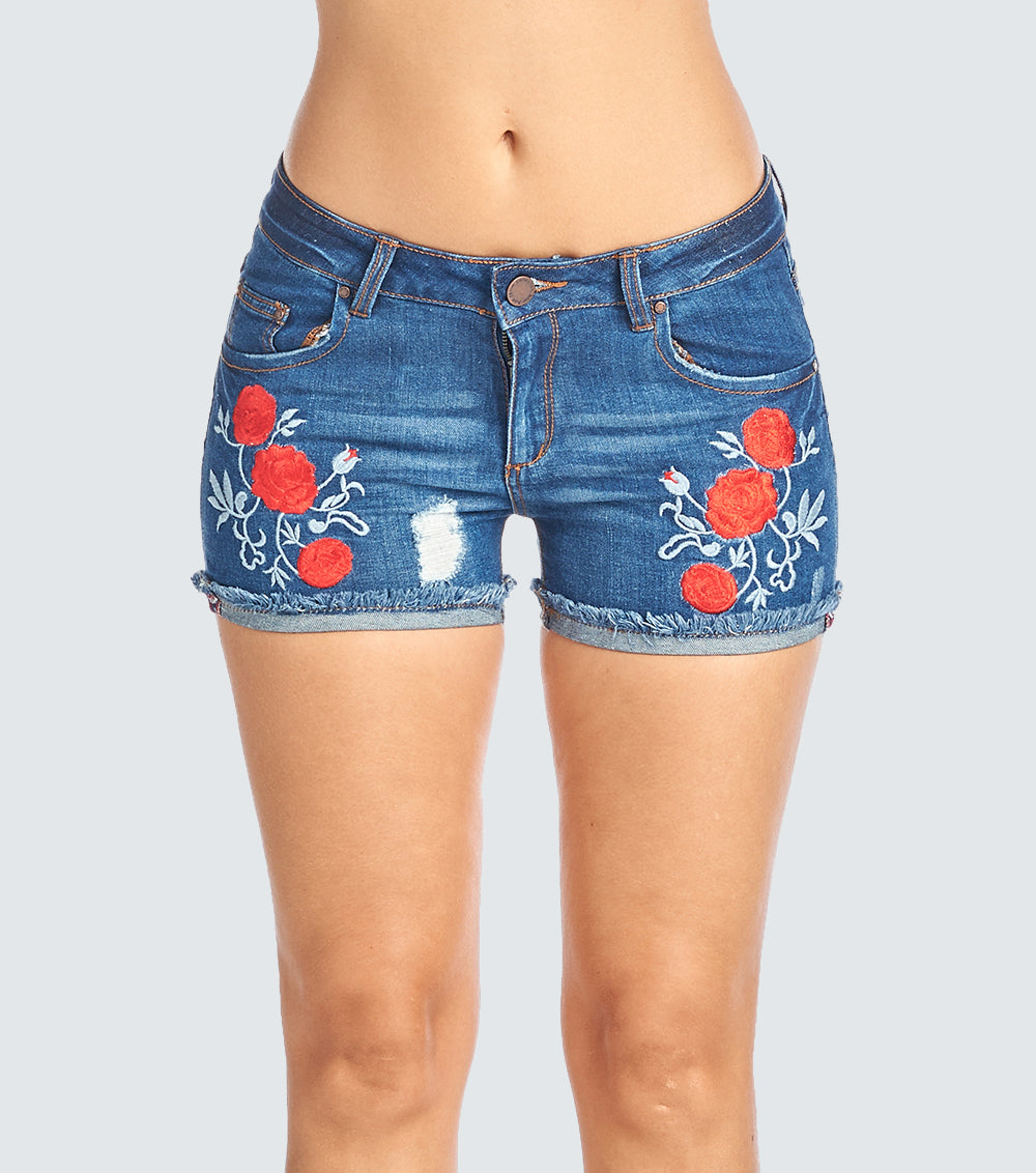 FRAYED JEAN SHORTS FLOWERED