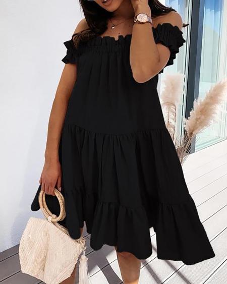 Off Shoulder Frill Hem  Plain Ruched Dress