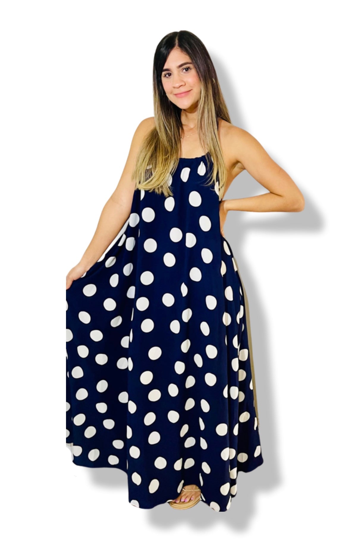 Navy Maxxi Dots Halter Dress